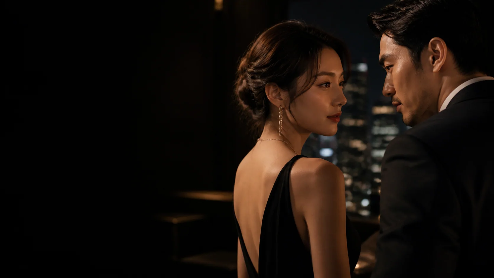 夜のホテルラウンジで静かに向き合う大人の男女