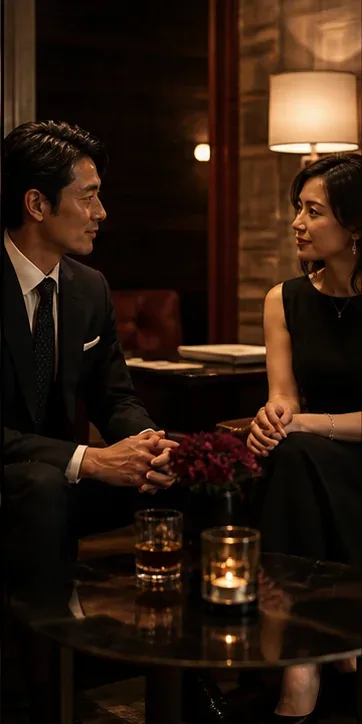 落ち着いたラウンジで会話する大人の男女