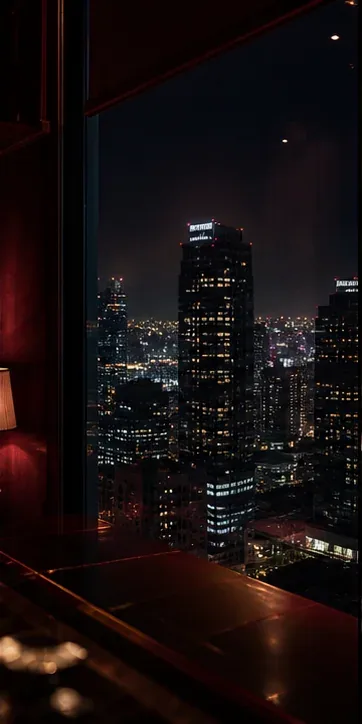 ホテルの窓越しに見える都会の夜景