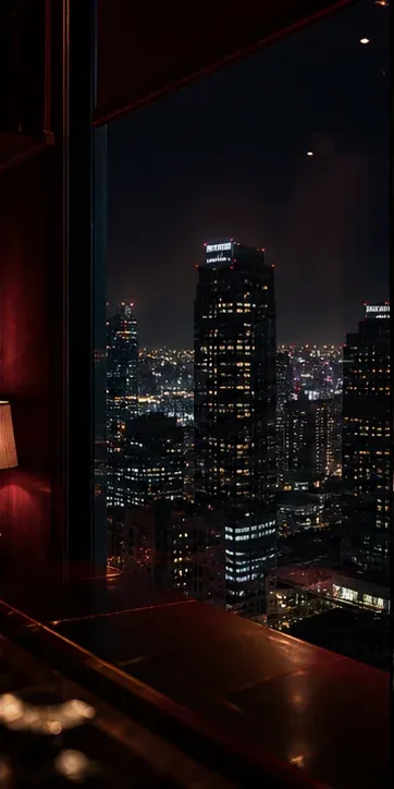 暗いホテルラウンジから見える都会の夜景