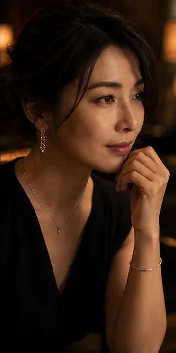 夜のラウンジで思いを巡らせる大人の女性